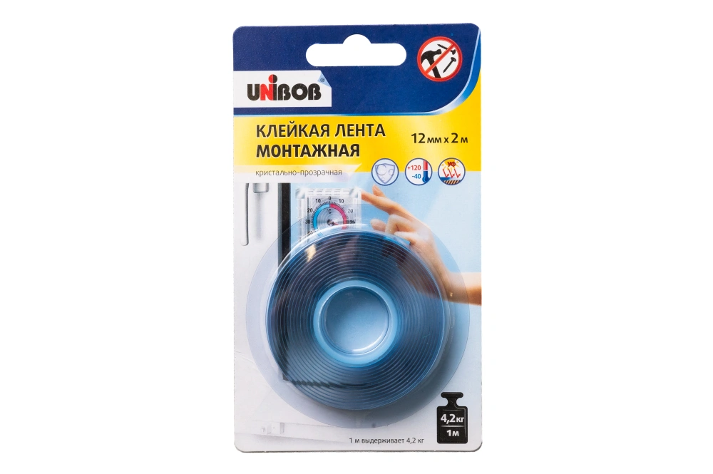 Клейкая двухсторонняя монтажная лента UNIBOB арт.75541, 12мм*2м